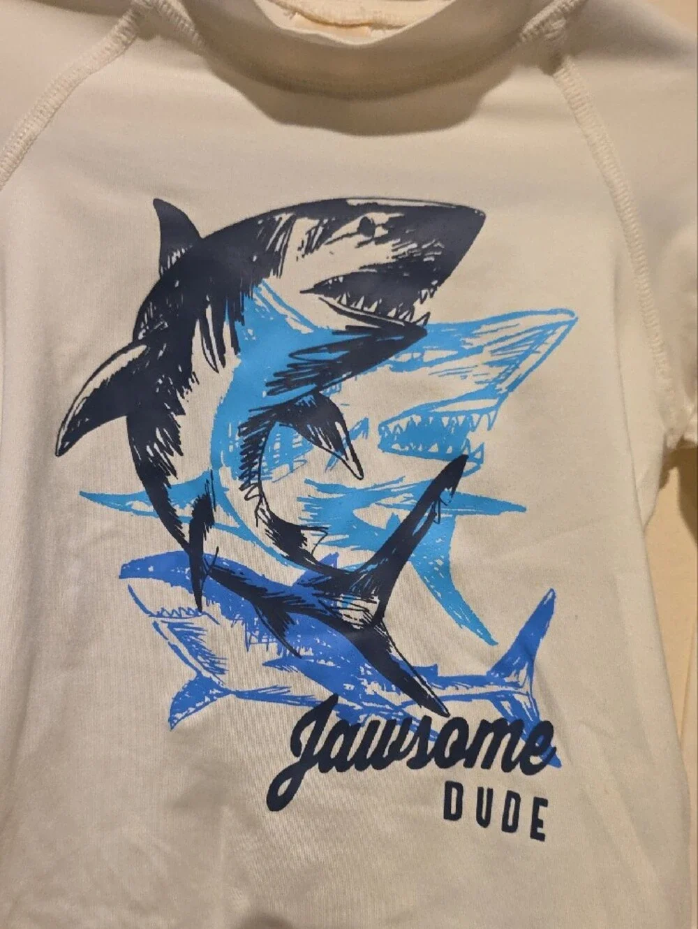 Kids Cream Rash Guard with Blue Shark Graphic - Jawsome Dude 18m